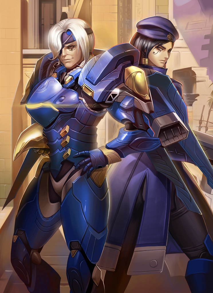 2girls, ana_(overwatch), ana_(overwatch)_(cosplay), back-to-back, beret, black_hair, blue_hat, blue_jacket