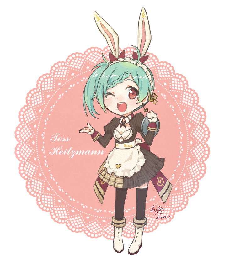 1girl, animal_ears, apron, aqua_hair, artist_name, atelier_(series), atelier_sophie, boots