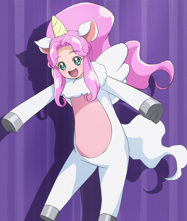 1girl, :d, alternate_hairstyle, animal_costume, green_eyes, ha-chan_(mahou_girls_precure!), hanami_kotoha, haruyama_kazunori, horn, long_hair, mahou_girls_precure!, open_mouth, pink_hair, ponytail, precure, smile, solo, unicorn_costume, wings