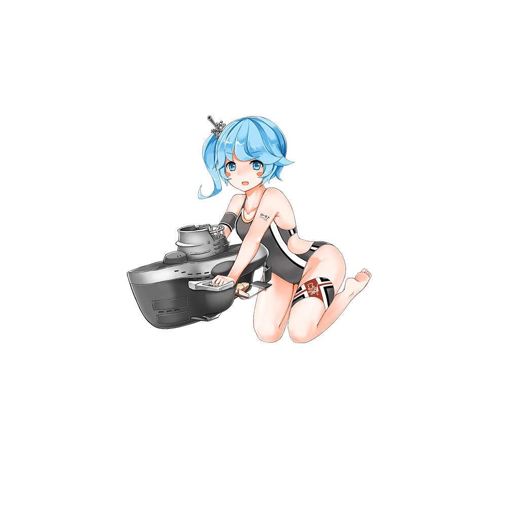 15k, 1girl, armband, ass_visible_through_thighs, blue_eyes, blue_hair, blush_stickers, cannon, character_name, collarbone, fang, feet, floating, full_body, grey_swimsuit, hair_ornament, holding, kneeling, looking_at_viewer, machinery, official_art, one-piece_swimsuit, open_mouth, propeller, side_ponytail, solo, submarine, swimsuit, tattoo, thigh_strap, transparent_background, u47_(zhan_jian_shao_nyu), watercraft, zhan_jian_shao_nyu