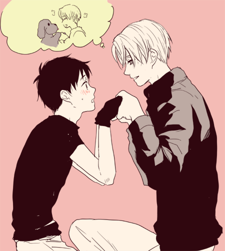 2boys, blush, couple, dog, gloves, holding_hand, katsuki_yuuri, makkachin