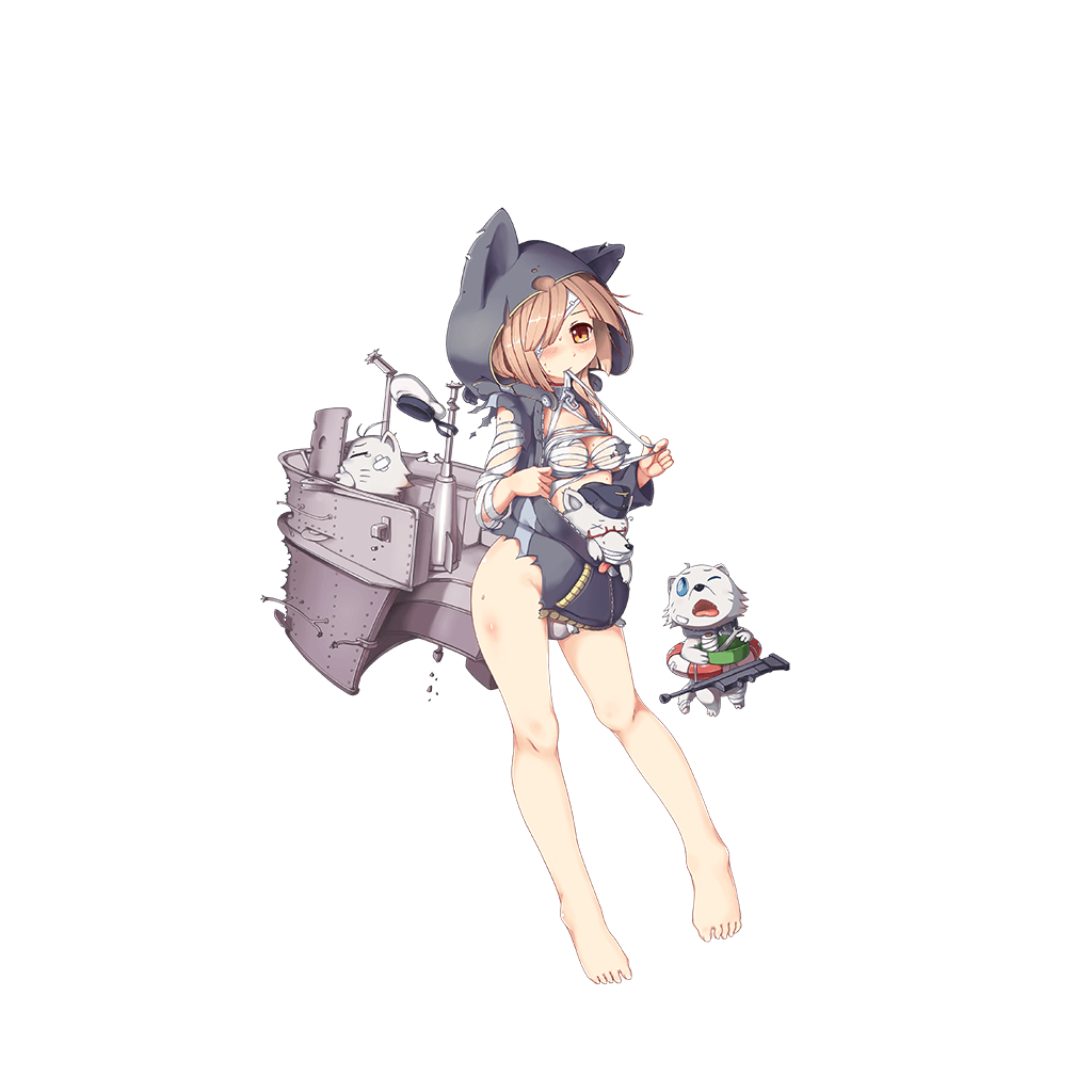 1girl, animal_ears, bandage_over_one_eye, bandaged_arm, bandages, blue_eyes, blush, breasts