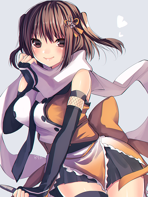 1girl, bare_shoulders, black_legwear, black_skirt, blush, breasts, brown_eyes, brown_hair