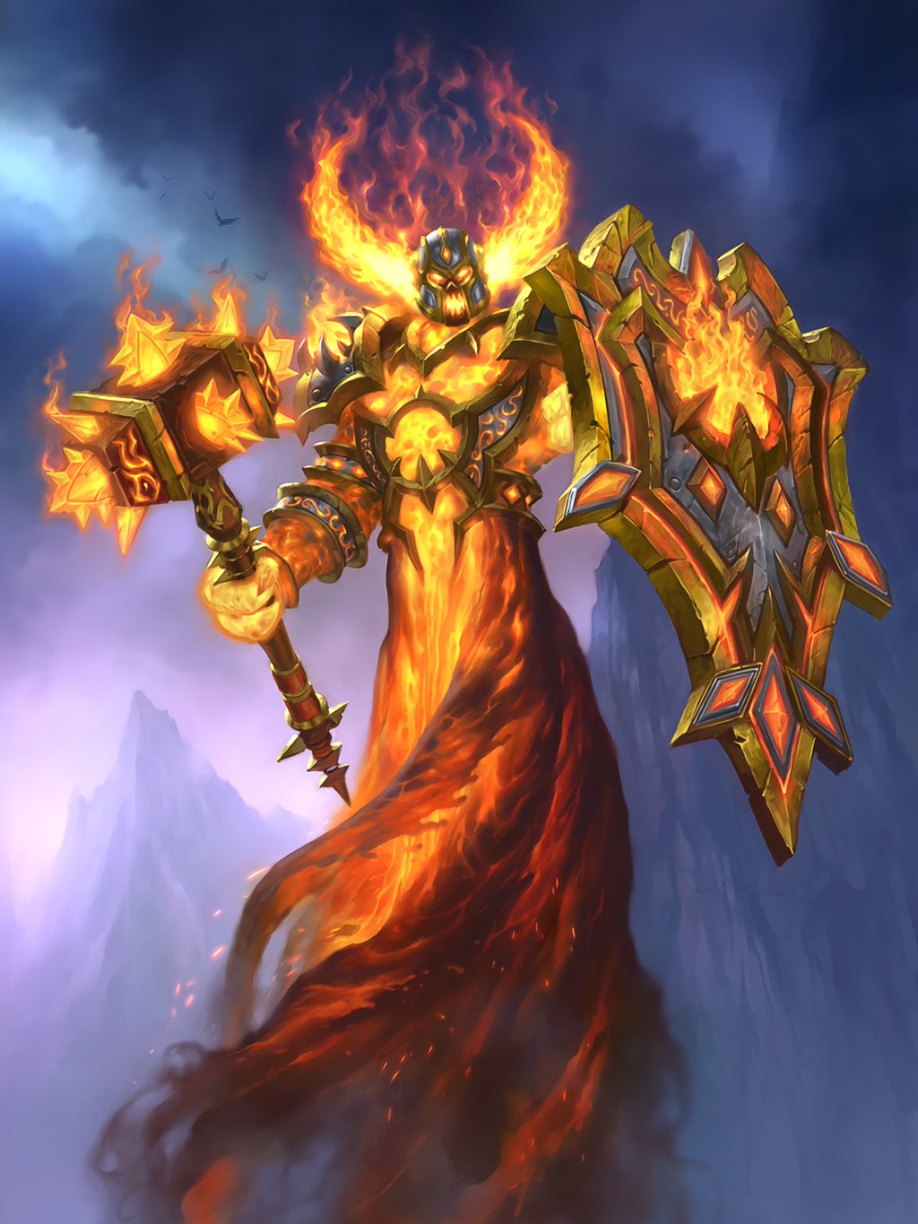 1boy, elemental_(creature), fire, hammer, hearthstone, helmet, highres, james_ryman
