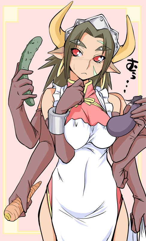 apron, brown_hair, carrot, china_dress, chinadress, chinese_clothes, cucumber, demon_girl