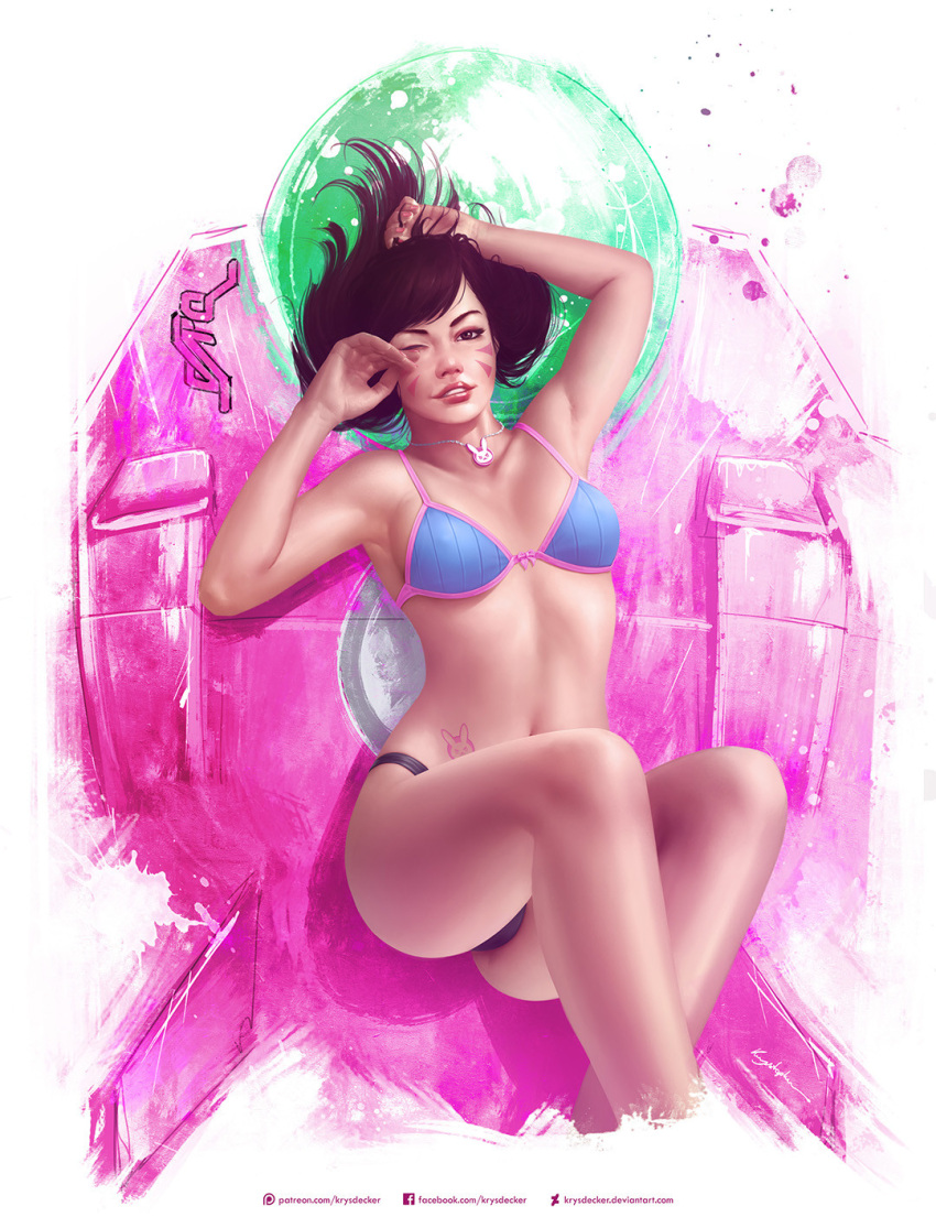 1girl, arched_back, bangs, bikini, brown_eyes, brown_hair, collarbone, d.va_(overwatch)