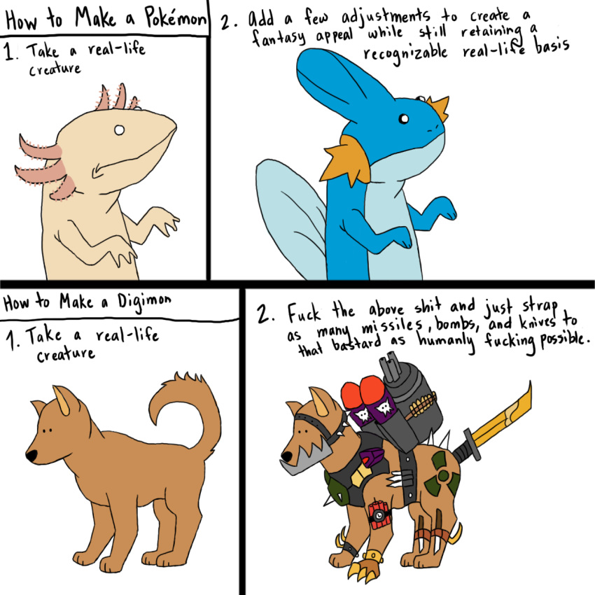 axolotl, bomb, digimon, dog, highres, in-the-machine, knife, mudkip