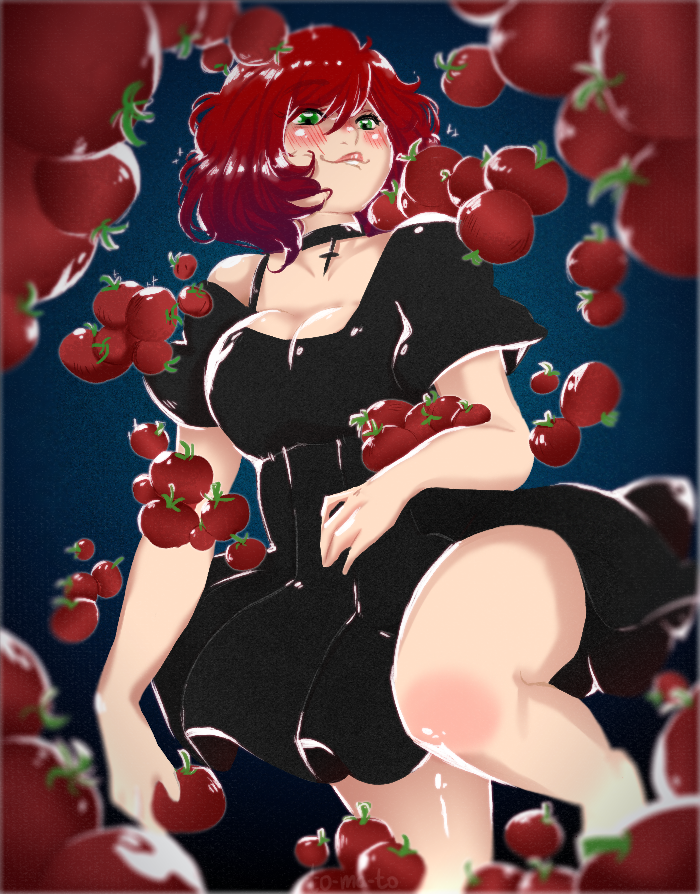 1girl, black_dress, blushing, green_eyes, original, red_hair, solo, tag_me, to-ma-to