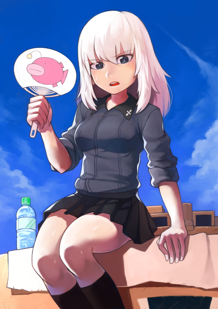 1girl, anglerfish, arm_support, bangs, black_legwear, black_shoes, black_skirt, blue_eyes