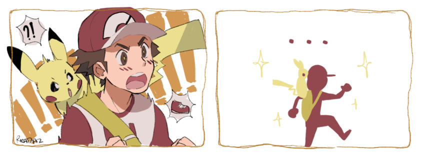 ..., clenched_hands, comic, male_focus, open_mouth, pikachu, pokemon, pokemon_(creature)