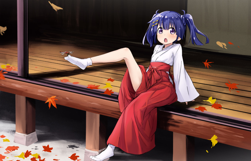 1girl, abe_kanari, arm_support, autumn_leaves, blue_hair, blush, bow, dragonfly