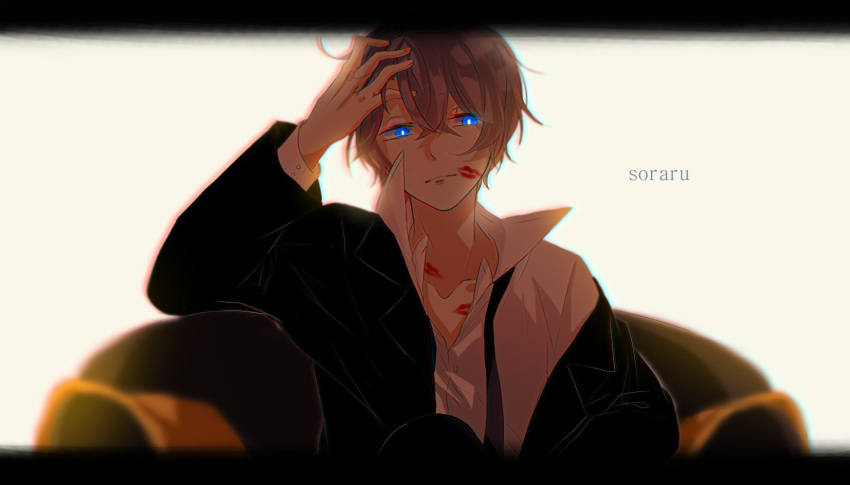 1boy, blue_eyes, character_name, chromatic_aberration, couch, crossed_legs, dress_shirt, hand_in_hair