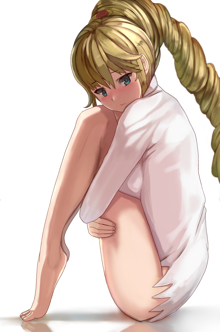 1girl, :3, barefoot, blonde_hair, blue_eyes, blush, breast_press, breasts