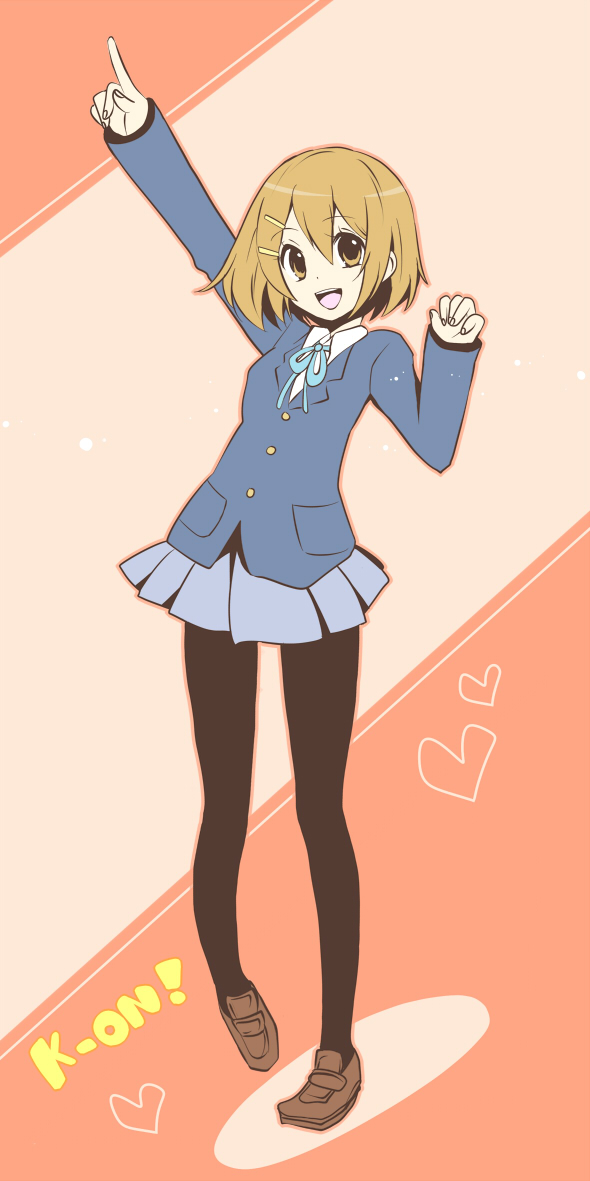 brown_hair, hirasawa_yui, k-on!, matsumaro, matsyumaro, pantyhose, pointing, school_uniform