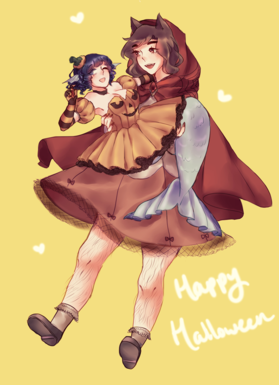 2girls, animal_ears, blue_eyes, blue_hair, breasts, brown_eyes, brown_hair, cape