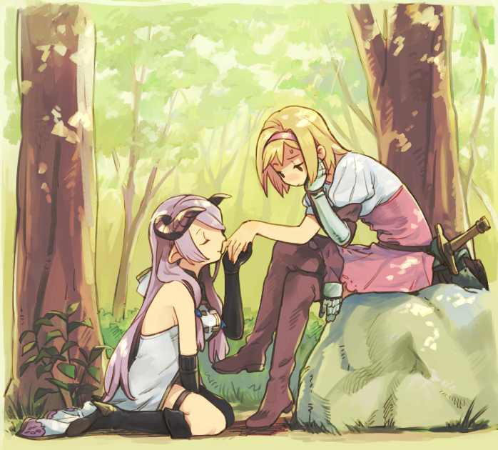 2girls, between_legs, black_boots, blonde_hair, blush, boots, brown_eyes, closed_eyes
