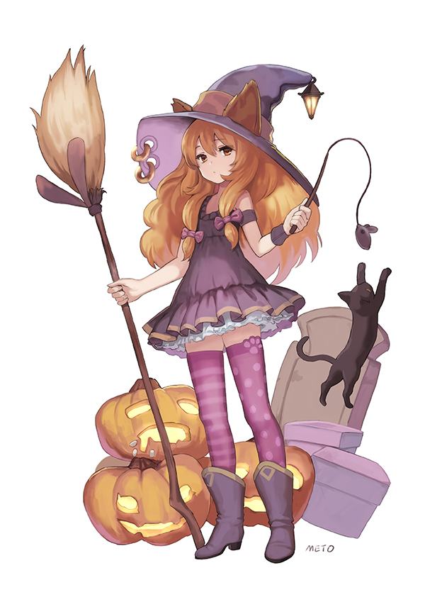 1girl, animal_ears, artist_name, asymmetrical_clothes, asymmetrical_legwear, black_boots, black_cat, blonde_hair, boots, bow, broom, cat, cat_teaser, commentary_request, frills, full_body, hair_bow, hair_ribbon, halloween, hat, hat_lantern, hat_ornament, holding_broom, jack-o'-lantern, lantern, long_hair, meto31, orange_eyes, original, pink_bow, pink_legwear, polka_dot, polka_dot_legwear, ribbon, simple_background, standing, striped, striped_legwear, thigh-highs, tombstone, tress_ribbon, white_background, witch, witch_hat, wristband, zettai_ryouiki