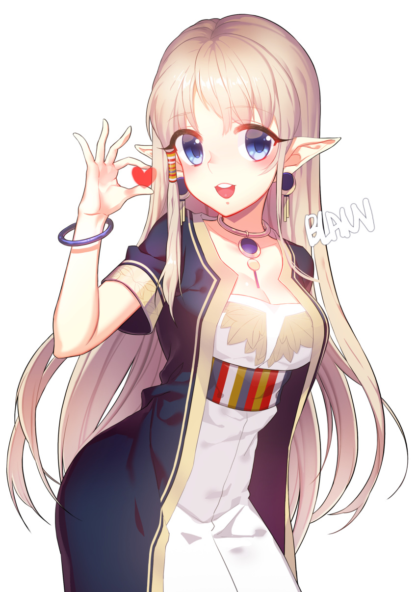 1girl, :d, absurdres, blann, blonde_hair, blue_eyes, blush, bracelet, breasts, cleavage, cowboy_shot, dress, earrings, elf, hair_tubes, heart, highres, jacket, jewelry, leaning_forward, long_hair, looking_at_viewer, mabinogi, medium_breasts, necklace, open_clothes, open_jacket, open_mouth, platinum_blonde, pointy_ears, portia, short_sleeves, sidelocks, smile, solo, teeth, very_long_hair, white_dress