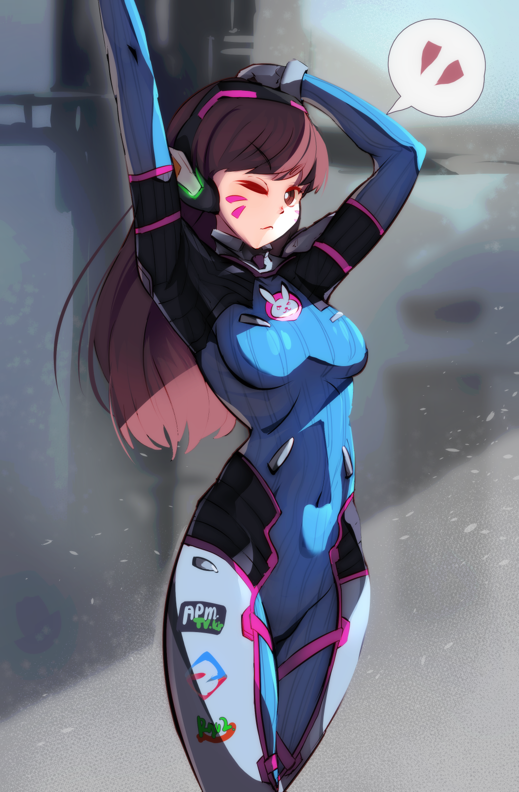 1girl, arms_up, bangs, bodysuit, breasts, brown_eyes, brown_hair, closed_mouth, covered_navel, cowboy_shot, d.va_(overwatch), facepaint, facial_mark, headphones, high_collar, highres, legs_together, long_hair, looking_at_viewer, medium_breasts, one_eye_closed, overwatch, ribbed_bodysuit, ryuji_(red-truth), skin_tight, solo, speech_bubble, standing, swept_bangs, whisker_markings