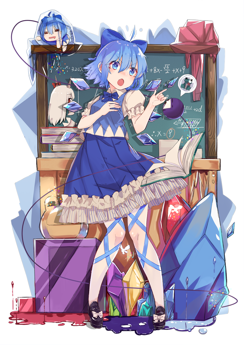 >:o, 1girl, :o, ahoge, black_shoes, blue_bow, blue_bowtie, blue_eyes