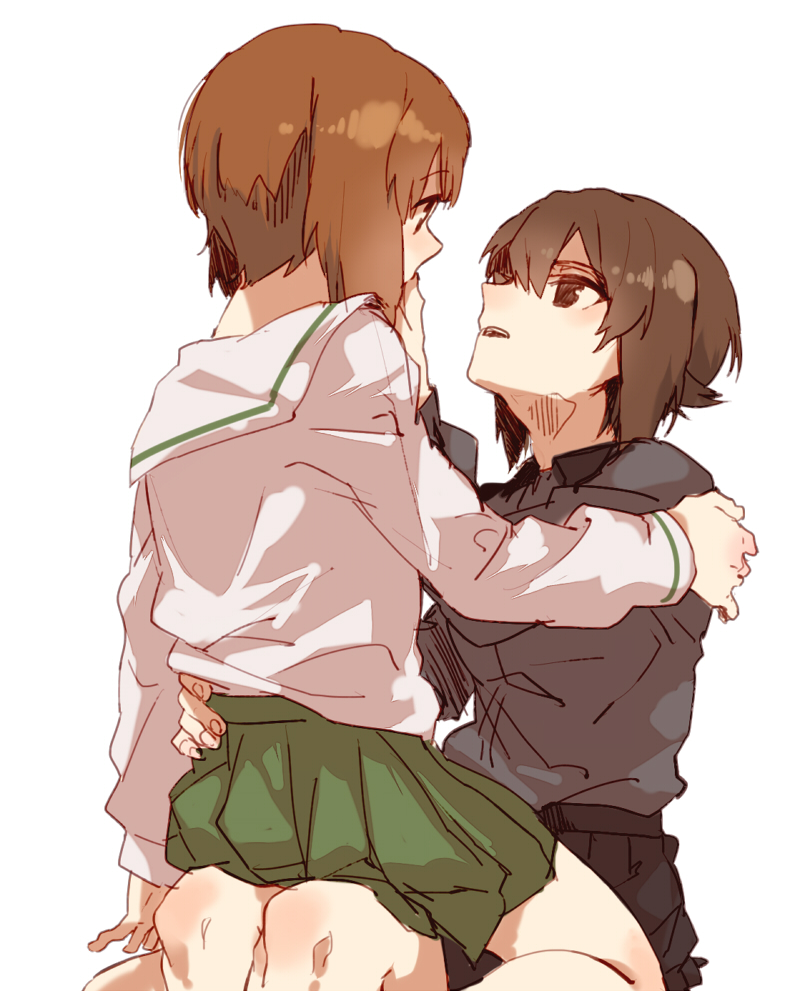 2girls, brown_eyes, brown_hair, girls_und_panzer, hand_on_another's_hip, hand_on_another's_shoulder, hands, ky_(kurokky709)