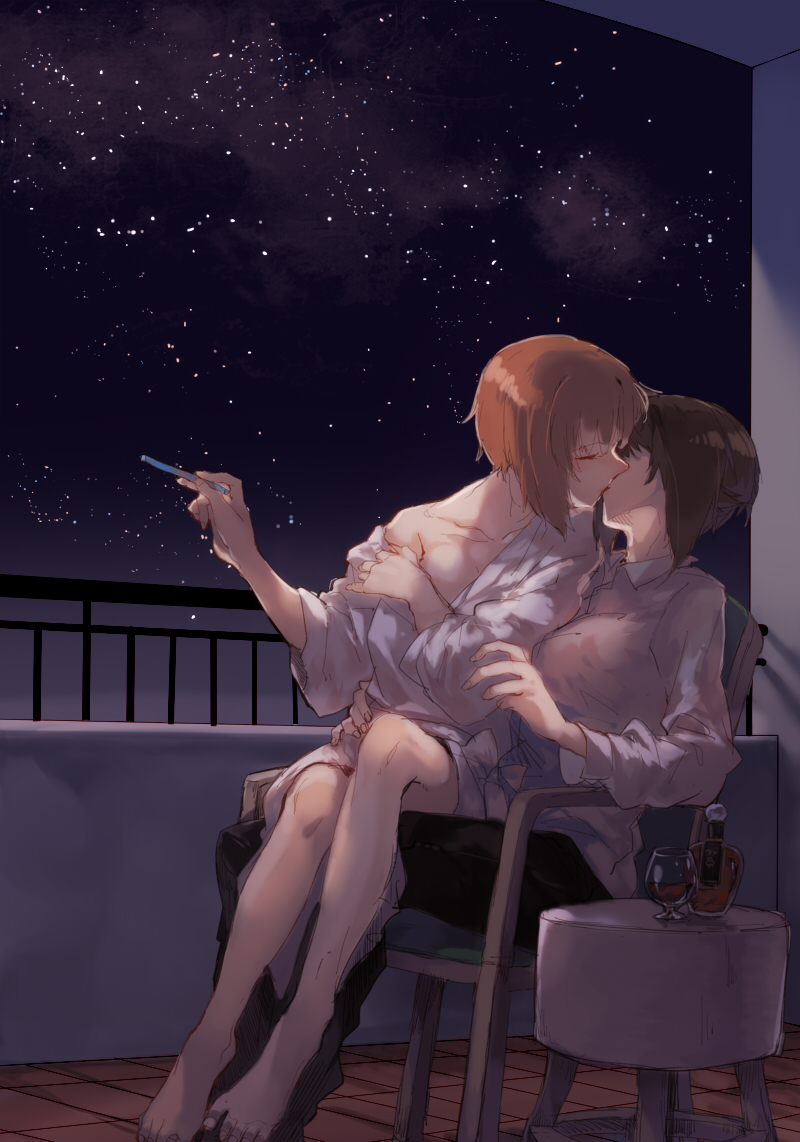 2girls, alcohol, barefoot, blouse, brown_hair, girls_und_panzer, hand_on_another's_hip, incest, kiss, ky_(kurokky709), multiple_girls, night, night_sky, nishizumi_maho, nishizumi_miho, short_hair, siblings, sisters, sitting, sky, star_(sky), starry_sky, yuri