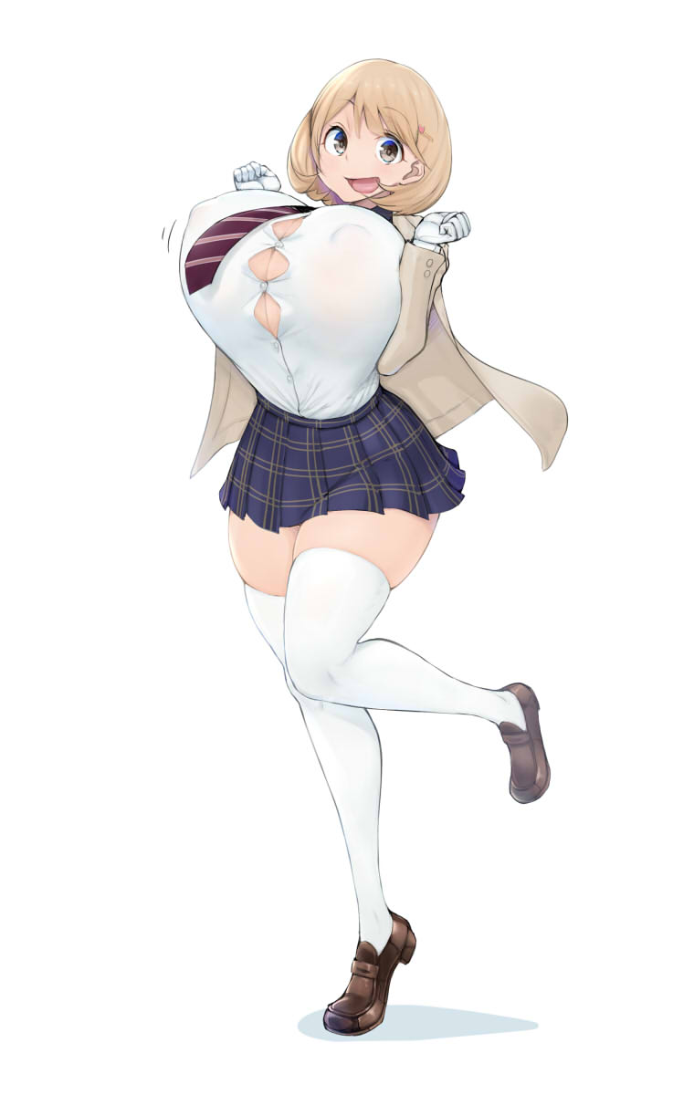 1girl, bouncing_breasts, breasts, brown_eyes, brown_hair, cleavage, gloves, hair_ornament