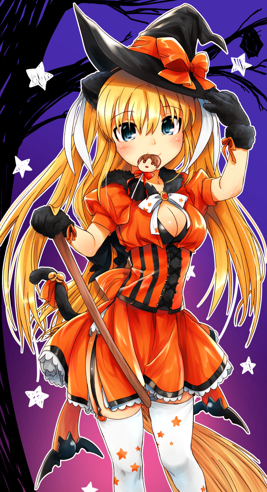 1girl, animal_ears, bat, bell, black_gloves, blonde_hair, breasts, candy