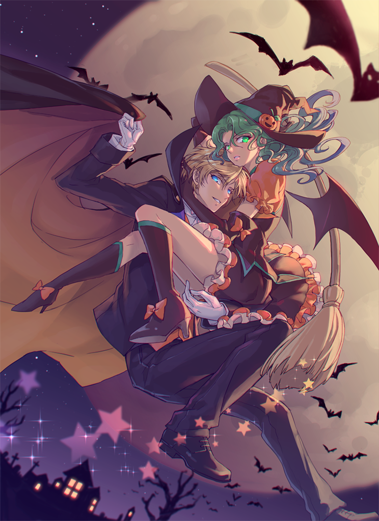 2girls, bat_wings, bishoujo_senshi_sailor_moon, black_boots, black_gloves, black_hat, black_pants, black_shoes