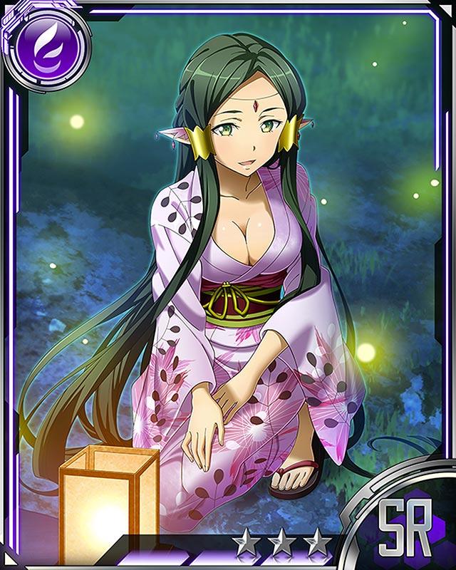 1girl, breasts, card_(medium), cleavage, ear_covers, elf, green_eyes, green_hair