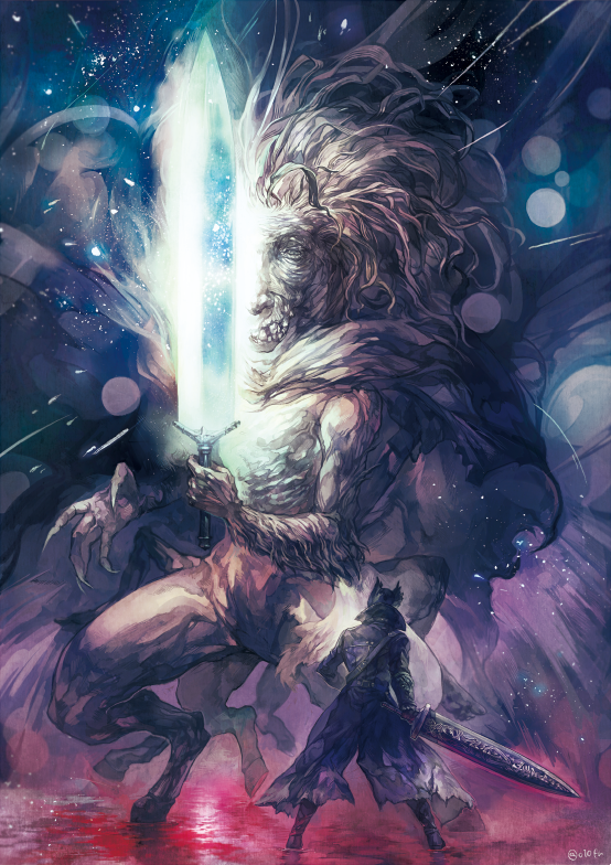 1boy, bloodborne, cloak, hat, hunter_(bloodborne), ludwig_the_accursed, monster, short_hair