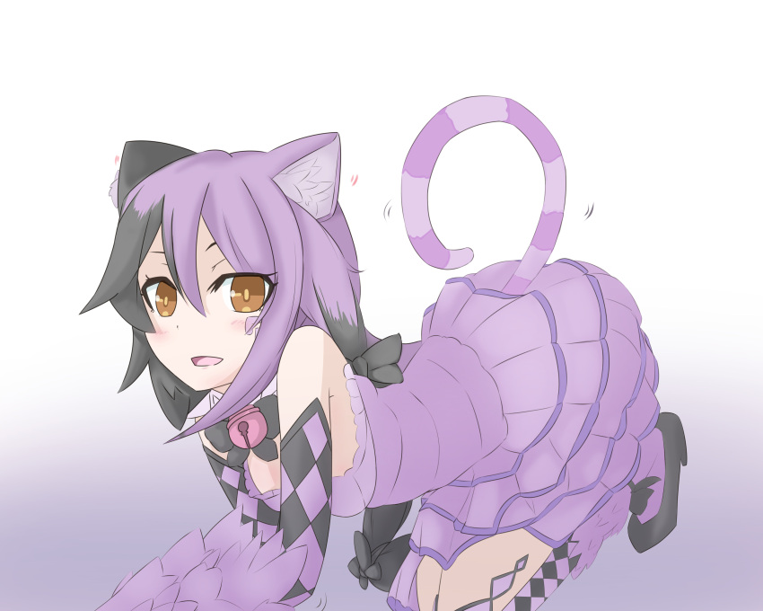 1girl, absurdres, all_fours, animal_ears, argyle, bare_shoulders, bell, black_hair