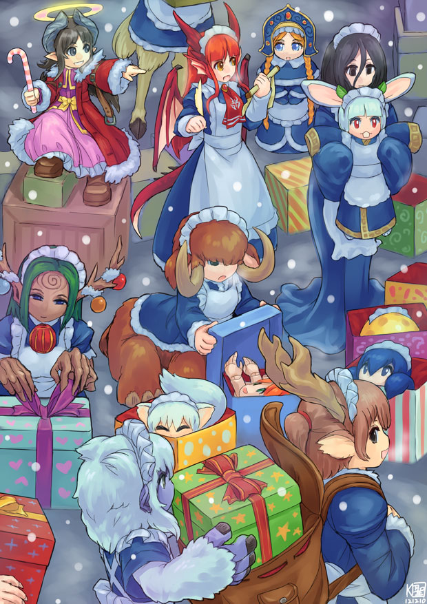 6+girls, animal_ears, antlers, backpack, bag, black_eyes, black_hair, blonde_hair