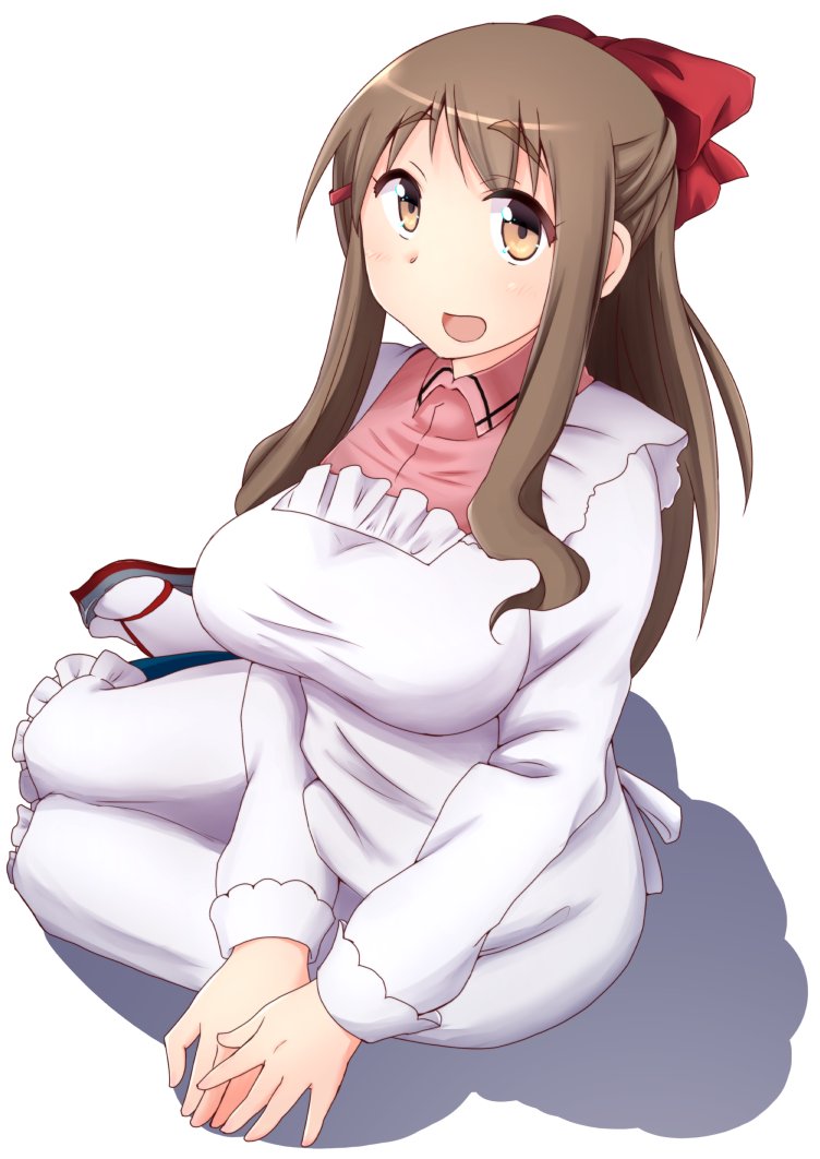 1girl, bow, breasts, brown_eyes, brown_hair, cosplay, hair_ornament, hair_ribbon, hirame_guard, japanese_clothes, kantai_collection, kappougi, large_breasts, long_hair, looking_at_viewer, mamiya_(kantai_collection), mamiya_(kantai_collection)_(cosplay), matsumoto_yoriko, open_mouth, ponytail, red_bow, ribbon, sandals, simple_background, solo, tabi, white_background, yuyushiki, zouri