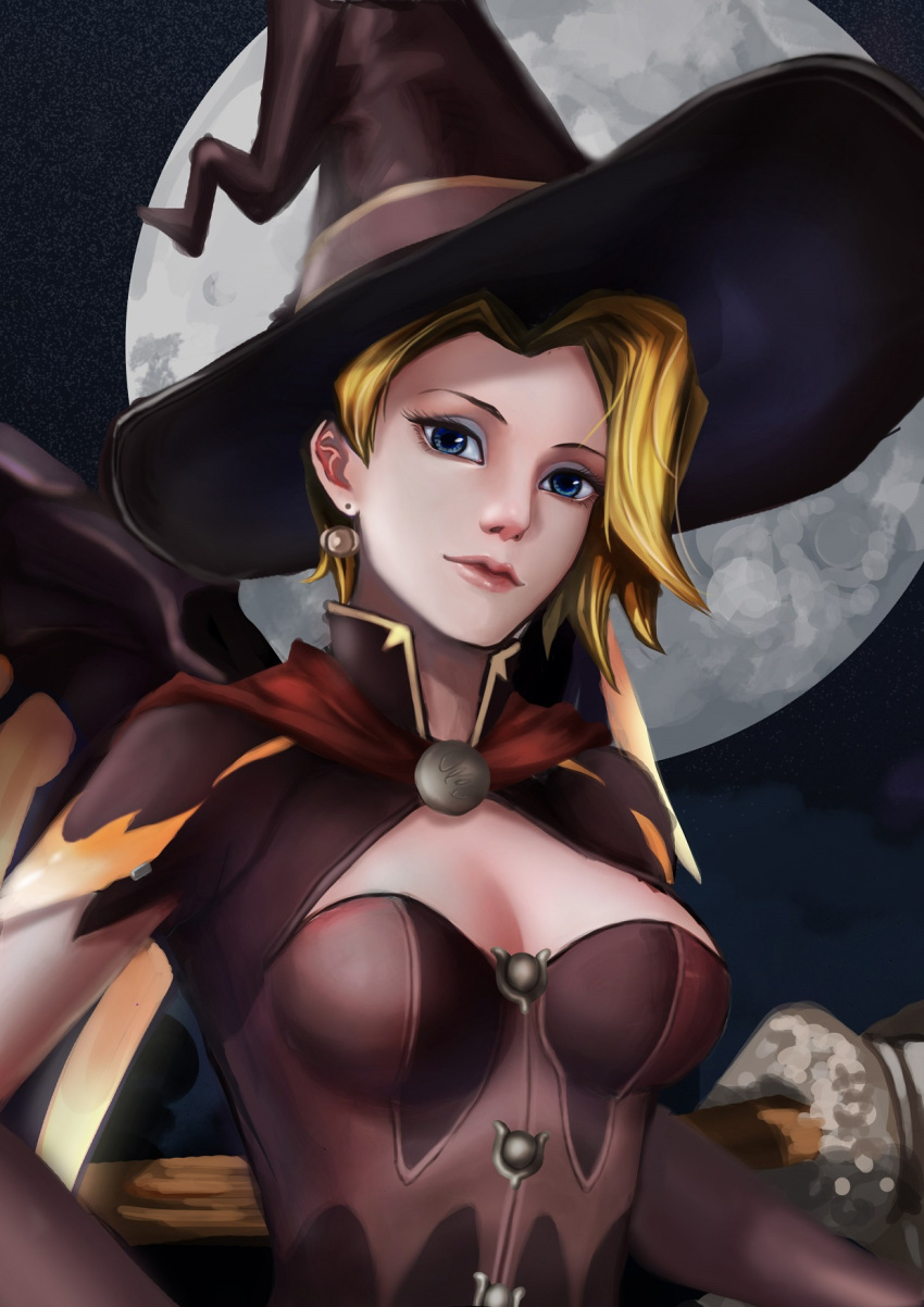 1girl, alternate_costume, blonde_hair, blue_eyes, breasts, brooch, capelet, cleavage