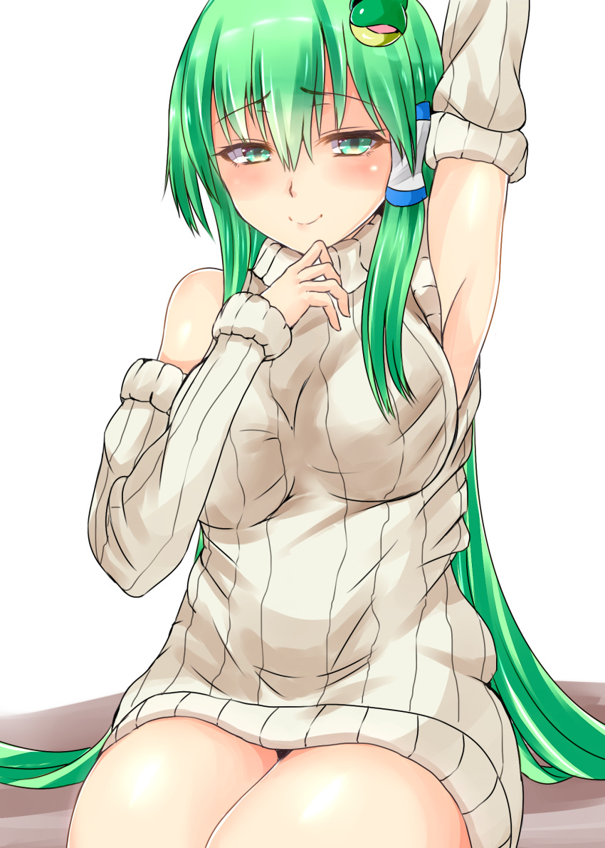 1girl, alternate_costume, arm_up, armpits, bare_shoulders, blush, closed_mouth, cowboy_shot