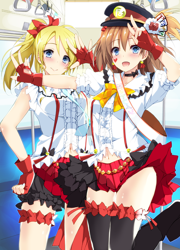 2girls, ayase_eli, black_legwear, blonde_hair, blue_eyes, bokura_wa_ima_no_naka_de, brown_hair, earrings