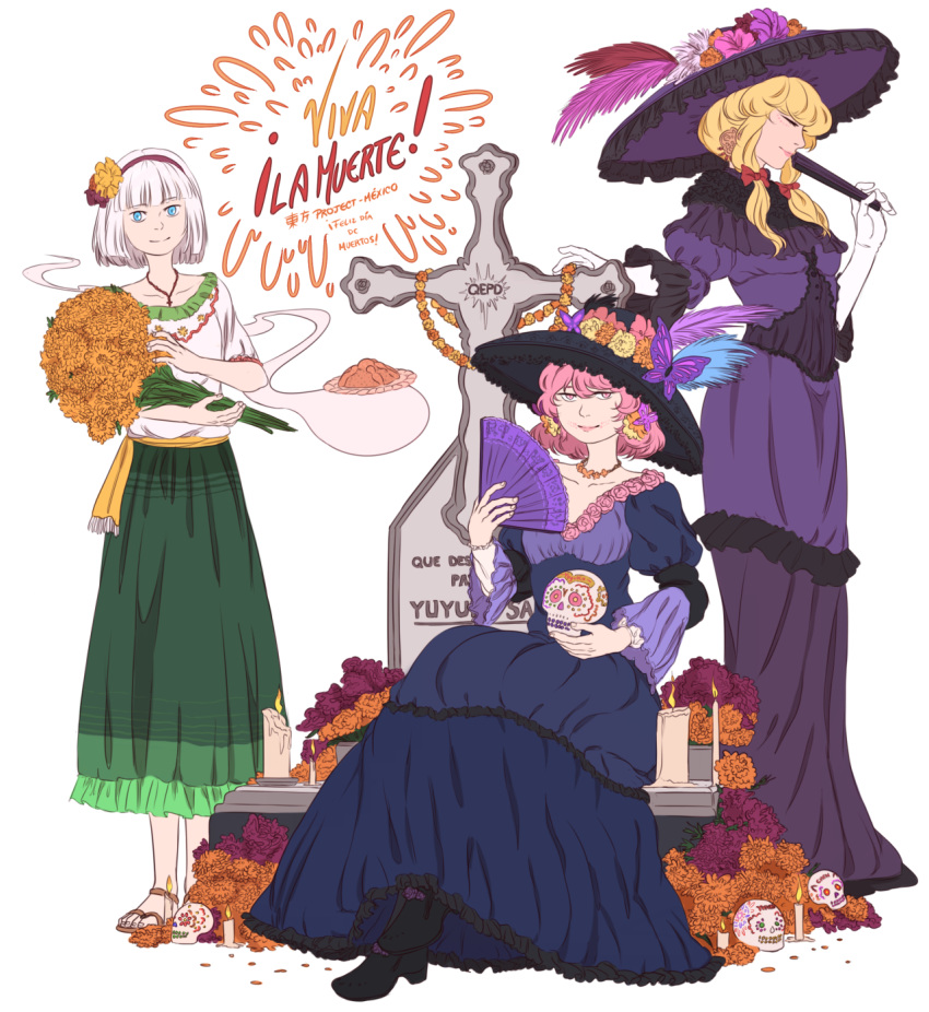 3girls, alternate_costume, blonde_hair, blue_eyes, boots, candle, character_name, closed_eyes