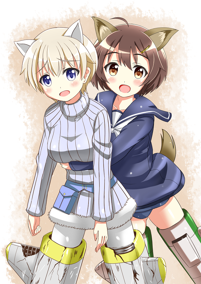 2girls, animal_ears, blonde_hair, blue_eyes, brave_witches, brown_eyes, brown_hair, dog_ears