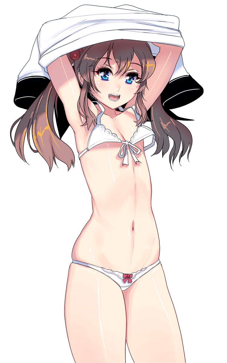 1girl, armpits, arms_up, blue_eyes, blush, bow, bow_panties, bra