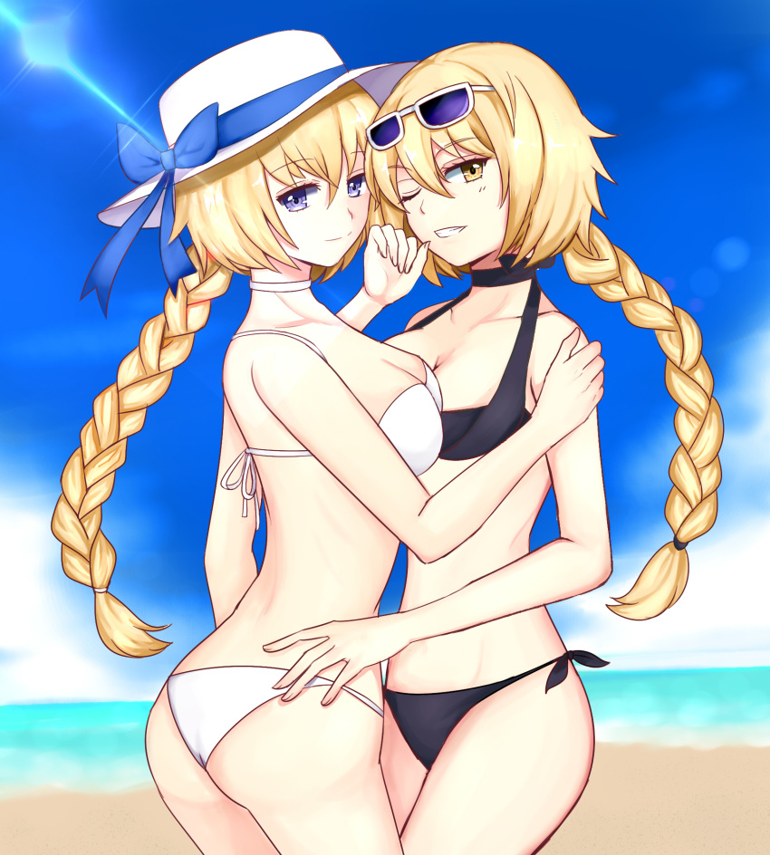2girls, ass, beach, bikini, black_bikini, braid, breasts, fate/apocrypha