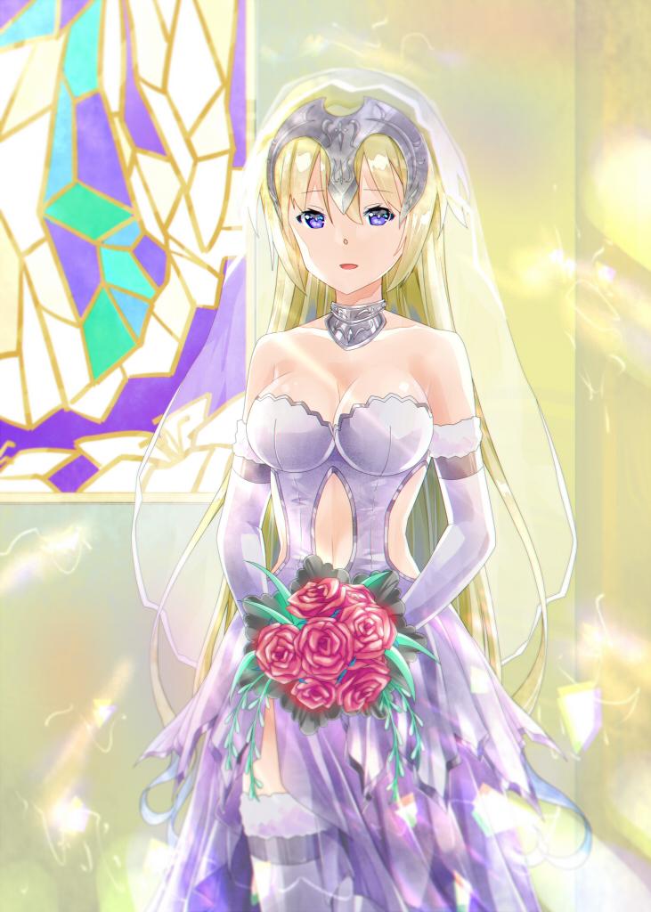 1girl, bare_shoulders, blonde_hair, blue_eyes, bouquet, breasts, bridal_veil, bride
