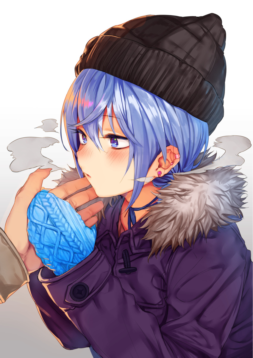 1girl, akagi_asahito, blue_eyes, blush, breath, coat, down_jacket, ear_piercing