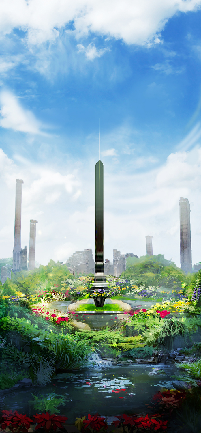 clouds, courtyard, flower, grass, highres, jongmin, lens_flare, no_humans