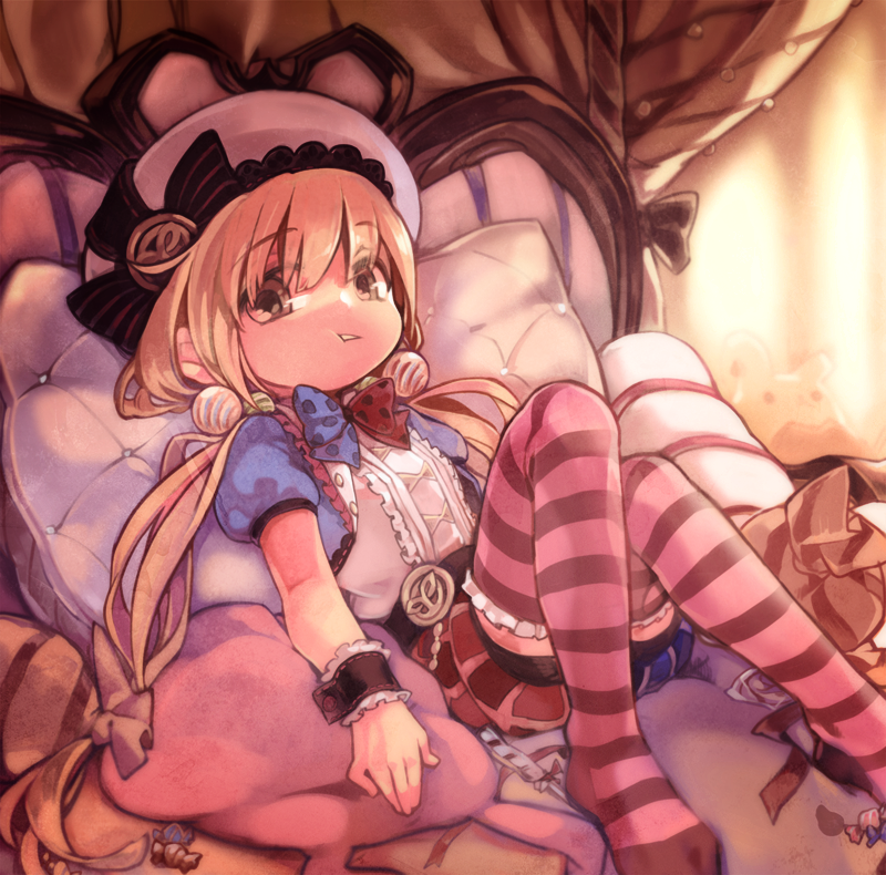 1girl, :t, belt, beret, blonde_hair, bloomers, bow, bowtie