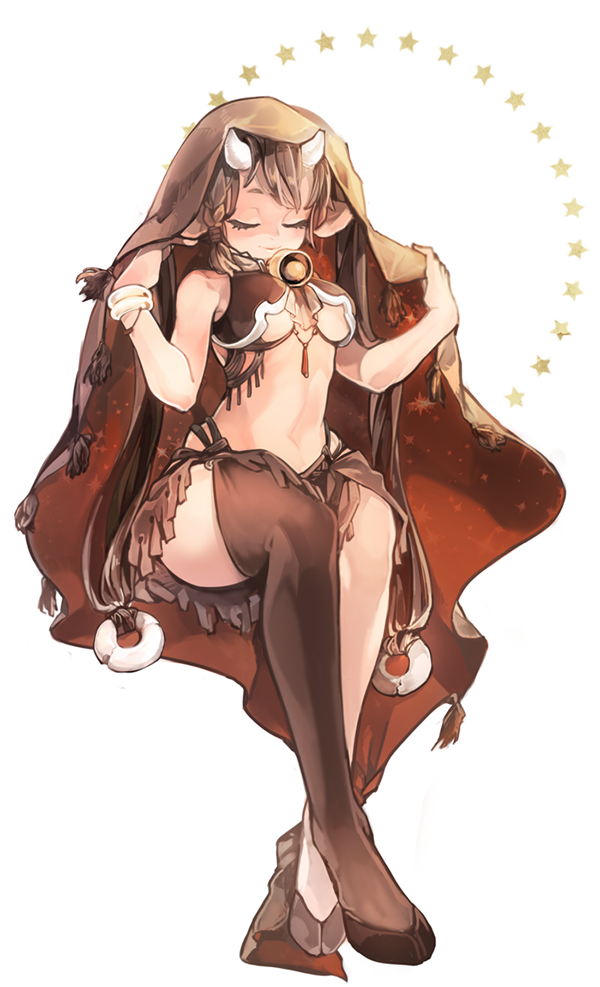 1girl, animal_ears, bangle, bell, blanket, bracelet, braid, breasts, brown_hair, brown_legwear, closed_eyes, closed_mouth, cow_ears, cow_horns, crossed_legs, full_body, horns, jewelry, long_hair, medium_breasts, navel, o-ring, original, personification, simple_background, single_thighhigh, sitting, skirt, smile, solo, sparkle, star, star_print, taurus, thigh-highs, twin_braids, twintails, very_long_hair, white_background, zorim