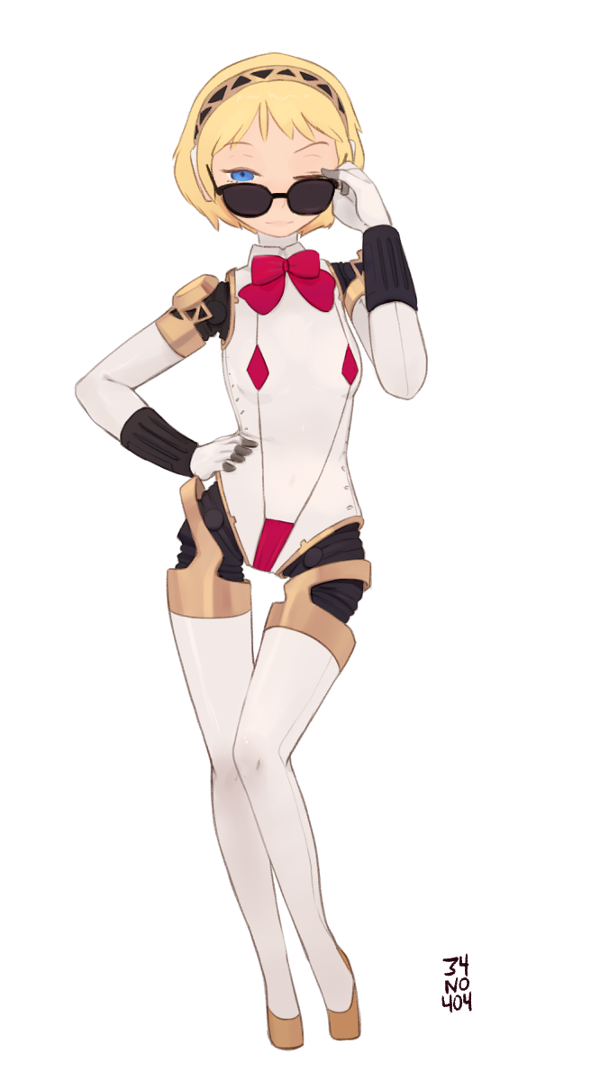1girl, 34no404, ;), adjusting_sunglasses, aegis, aegis_(persona), android, blonde_hair