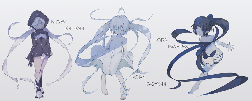 3girls, ahoge, albacore_(zhan_jian_shao_nyu), alternate_hair_color, archerfish_(zhan_jian_shao_nyu), ass, bare_shoulders, barefoot