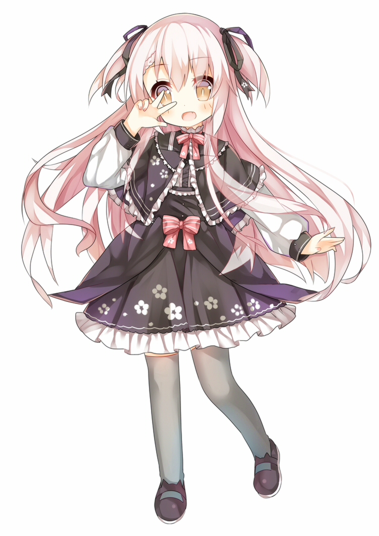 1girl, alternate_costume, arm_up, black_ribbon, black_shoes, black_skirt, blush, bow, braid, brown_eyes, capelet, eyebrows, eyebrows_visible_through_hair, fang, floral_print, french_braid, frilled_skirt, frills, grey_legwear, long_hair, long_sleeves, open_mouth, pink_bow, pink_hair, pink_ribbon, ribbon, shimakaze_(zhan_jian_shao_nyu), shirt, shoes, short_twintails, skirt, solo, standing, standing_on_one_leg, tengxiang_lingnai, thigh-highs, twintails, v, wavy_hair, white_background, white_shirt, zhan_jian_shao_nyu