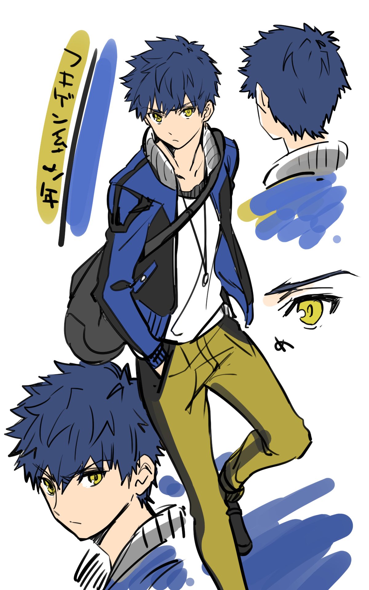1boy, bag, blue_hair, blue_jacket, collarbone, color_guide, full_body, hands_in_pockets
